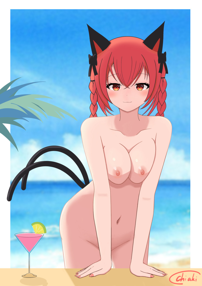 1girl absurdres animal_ears beach blue_sky blurry blurry_background blush breasts cat_ears cat_girl cat_tail chiaki_koizumi cleavage closed_mouth cloud collarbone commentary completely_nude cup drinking_glass highres kaenbyou_rin large_breasts looking_at_viewer medium_hair multiple_tails navel nekomata nipples nude outdoors red_eyes red_hair signature sky solo tail touhou two_tails variant_set