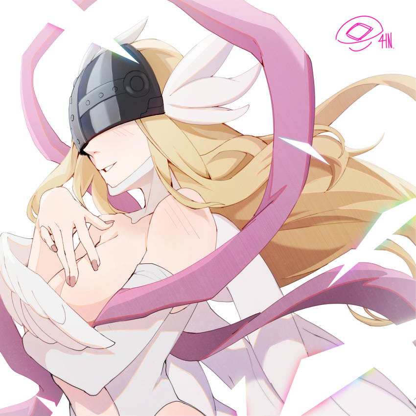 1girl absurdres ain_artisto angewomon bare_shoulders blonde_hair blush bodysuit breasts covered_eyes digimon digimon_(creature) helmet helmet_over_eyes highres large_breasts long_hair pink_ribbon ribbon simple_background solo upper_body white_background white_bodysuit white_wings winged_helmet wings