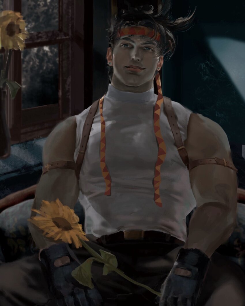 1boy battle_tendency belt blue_eyes brown_hair closed_mouth commentary_request danart14020 earrings fingerless_gloves flower gloves headband highres holding holding_flower indoors jewelry jojo_no_kimyou_na_bouken joseph_joestar joseph_joestar_(young) male_focus muscular muscular_male pants realistic shirt short_hair smile sunflower triangle_print window