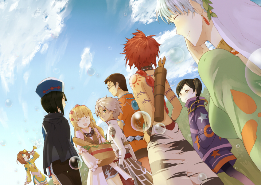 4boys 4girls :d baguette basket black_hair blonde_hair bread brown_hair bubble blowing_bubbles chloe_valens cloud day earrings closed_eyes food glasses grune_(tales) jay_(tales) jewelry long_sleeves misoshiru_utoma moses_sandor multiple_boys multiple_girls norma_beatty open_mouth outdoors ponytail quiver senel_coolidge shirley_fennes short_hair side_ponytail smile standing star_(symbol) star_print tales_of_(series) tales_of_legendia tattoo topless_male white_hair will_raynard