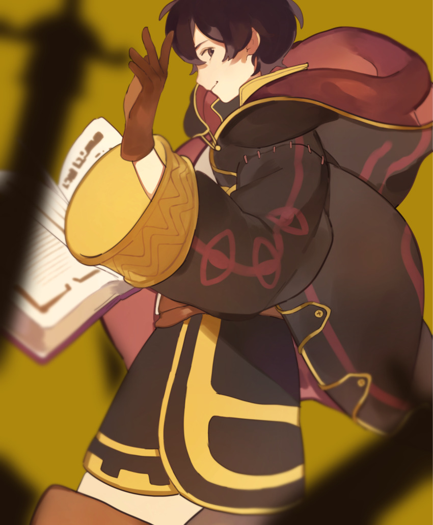 1boy arm_up black_gloves black_hair book boots brown_boots closed_mouth commentary english_commentary fire_emblem fire_emblem_awakening from_side gloves hair_behind_ear highres holding holding_book hood hood_down hooded_robe long_sleeves looking_back male_focus male_morgan_(fire_emblem) nintendo open_book pants pararade parted_bangs popped_collar profile robe smile solo white_pants wide_sleeves