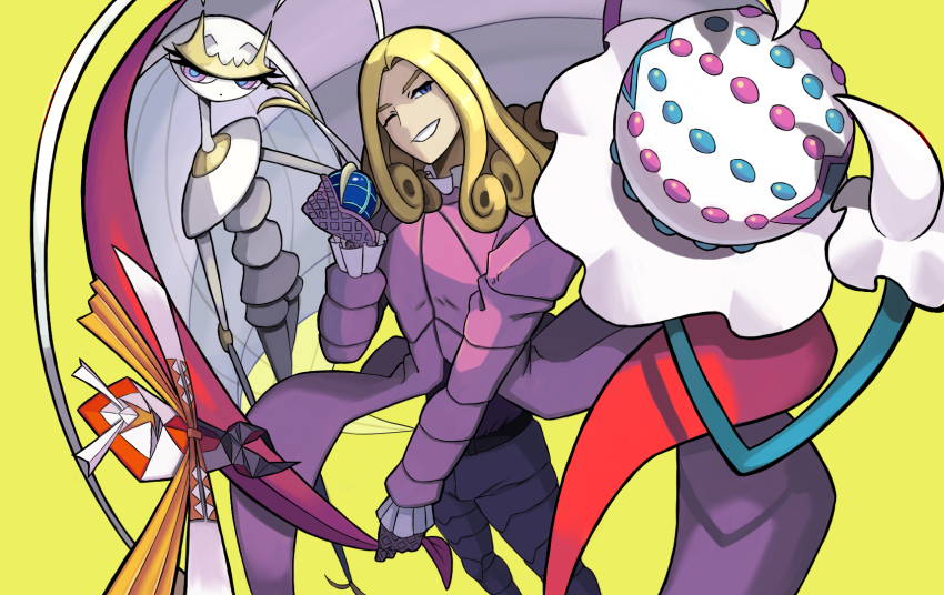 1boy ball blacephalon blonde_hair blue_eyes cape curly_hair formal_clothes frills funny_valentine gen_7_pokemon gloves grin head_tilt highres holding holding_ball holding_unworn_cape holding_unworn_clothes jojo_no_kimyou_na_bouken kamuruchii kartana long_hair long_sleeves looking_at_viewer male_focus nintendo one_eye_closed pheromosa pokemon smile solo steel_ball_(jojo) steel_ball_run suit thick_eyebrows ultra_beast unworn_cape v-shaped_eyebrows