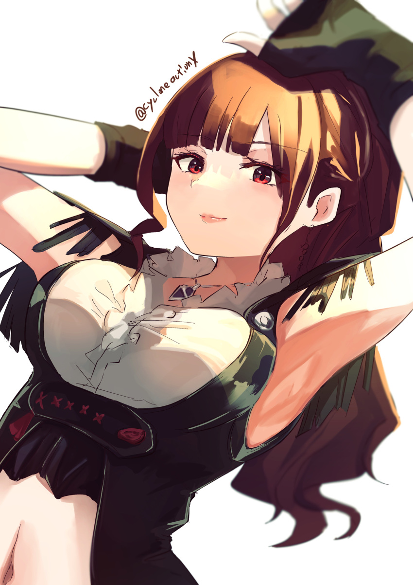 1girl armpits arms_up bare_shoulders belly breasts brown_hair cycloneactionx fingerless_gloves garo_(series) garo_gold_storm_flight_(series) gloves highres jewelry looking_at_viewer medium_breasts necklace ponytail red_eyes rian_(garo) simple_background solo tokusatsu twitter_username vest white_background