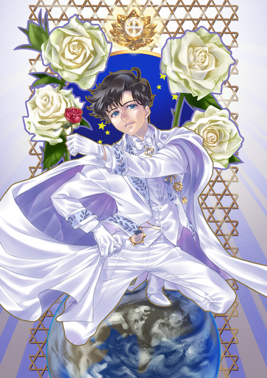 absurdres bishoujo_senshi_sailor_moon black_hair bow bowtie cape chiba_mamoru earth_(planet) endymion_(sailor_moon) flower formal_clothes full_body gloves gold highres holding holding_flower jacket jewelry katt_sun male_focus pants planet rose shirt solo squatting tuxedo white_flower white_footwear white_jacket white_pants white_rose white_shirt