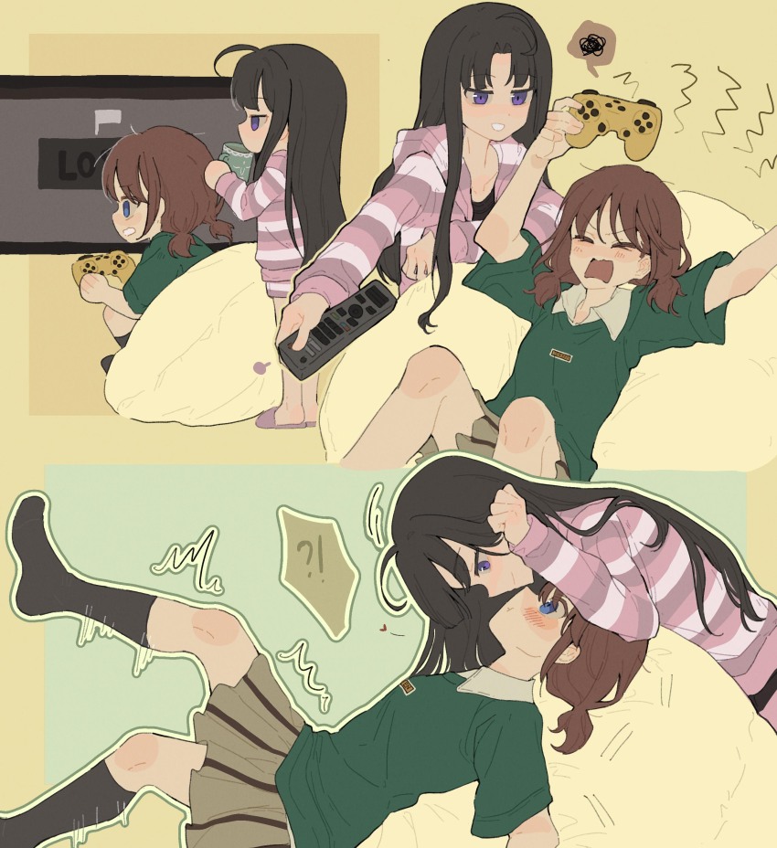 2girls absurdres artist_request awa_subaru bean_bag_chair black_hair black_socks blue_eyes brown_hair brown_skirt closed_eyes closed_mouth commentary commission controller game_controller girls_band_cry green_shirt grin heart highres holding holding_controller holding_game_controller holding_remote_control hood hoodie iseri_nina long_hair looking_at_another multiple_girls open_mouth pink_hoodie playing_games pleated_skirt purple_eyes remote_control second-party_source shirt short_sleeves short_twintails shouting simple_background sitting skirt smile socks spoken_squiggle squiggle striped_clothes striped_hoodie twintails yellow_background yuri