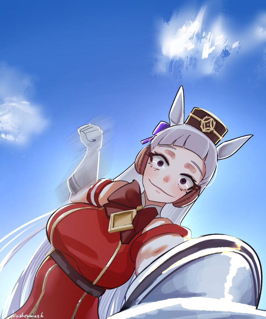 1girl absurdres animal_ears armband ashenmash blue_sky blunt_bangs blush bow bowtie breasts brown_hat closed_mouth dress ear_bow ear_ribbon gloves gold_ship_(red_strife)_(umamusume) gold_ship_(umamusume) grey_hair hat highres horse_ears horse_girl incoming_attack incoming_punch large_breasts long_hair looking_at_viewer photo-referenced pillbox_hat punching purple_bow purple_eyes red_armband red_bow red_bowtie red_dress sky sleeveless sleeveless_dress smile solo striped_armband striped_clothes umamusume white_armband white_gloves