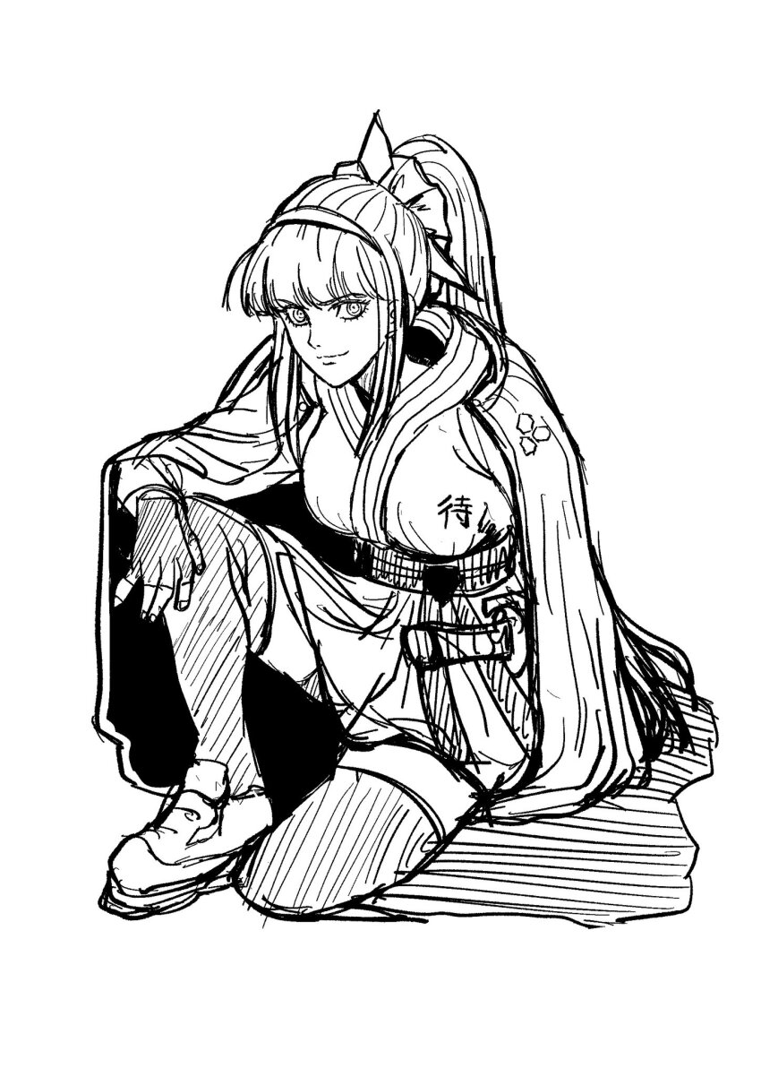1girl closed_mouth female_focus fingerless_gloves fingernails full_body gloves highres holy_jumonji_sword japanese_clothes long_hair long_sleeves looking_at_viewer magadori_kyoshika ponytail shoes simple_background sketch smile sneakers solo solo_focus the_hundred_line_-last_defense_academy- white_background