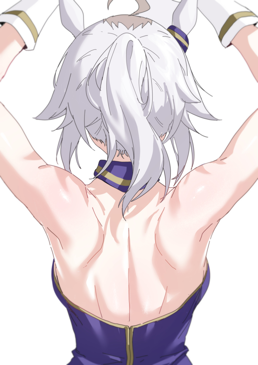 1girl ahoge animal_ears armpits arms_up back back_focus backless_outfit bare_back ear_ornament from_behind gloves grey_hair highres horse_ears horse_girl oguri_cap_(umamusume) ponytail shoulder_blades simple_background sleeveless solo ulrich_(tagaragakuin) umamusume umamusume:_cinderella_gray white_background white_gloves