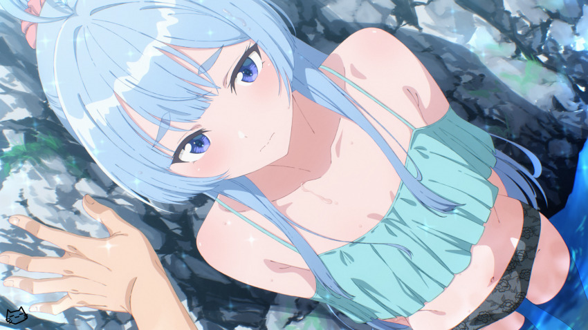 1girl aqua_camisole artist_logo blue_hair camisole commentary furrowed_brow hair_ornament hair_scrunchie highres kabedon keihh light_frown logo looking_at_viewer navel paid_reward_available pink_scrunchie scrunchie shiunji-ke_no_kodomotachi shiunji_seiha standing symbol-only_commentary thick_eyebrows wading