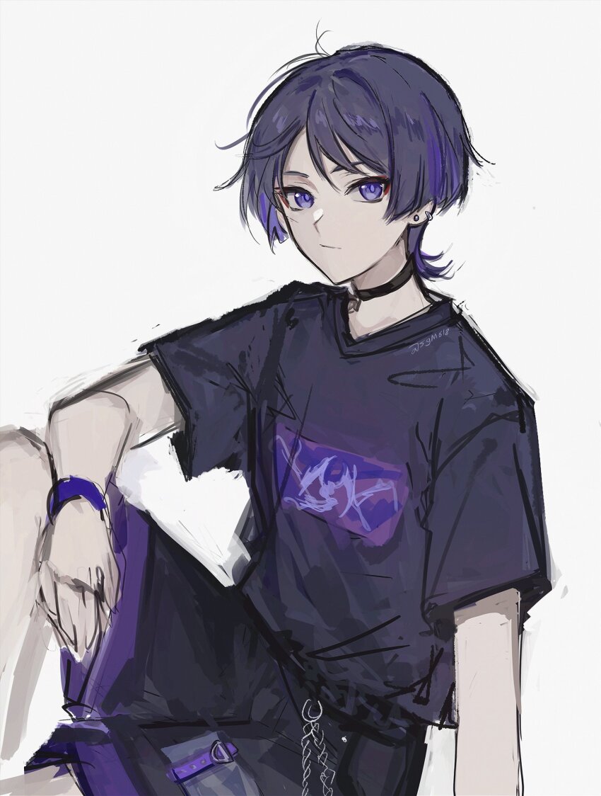 1boy alternate_costume arm_at_side arm_on_thigh arm_support black_choker black_shirt black_shorts black_sleeves blunt_ends casual chain choker closed_mouth contemporary ear_piercing earrings expressionless eyeliner eyeshadow genshin_impact highres jewelry knee_up looking_at_viewer makeup male_focus o-ring piercing purple_eyes purple_hair red_eyeliner red_eyeshadow scaramouche_(genshin_impact) sgm618 shirt short_sleeves shorts sitting sketch solo tsurime twitter_username white_background