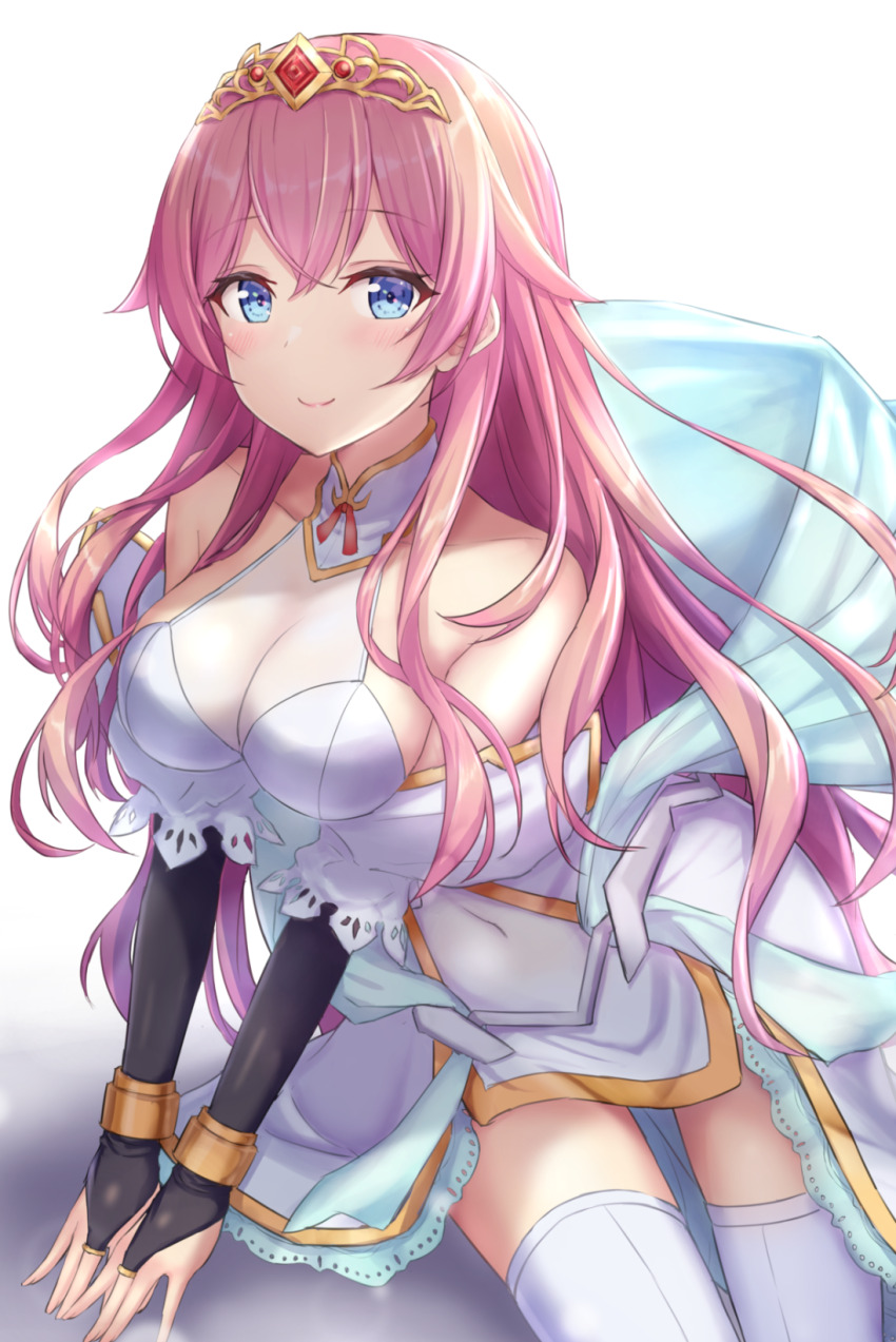 1girl bare_shoulders black_bridal_gauntlets black_gloves blue_eyes breasts bridal_gauntlets cleavage closed_mouth covered_navel cowboy_shot detached_sleeves dress elbow_gloves esther_(sennen_sensou_aigis) eyelashes gloves gold_trim hair_between_eyes hair_flaps highres light_blush long_hair looking_at_viewer medium_breasts monoku off-shoulder_dress off_shoulder pink_hair see-through_clothes see-through_dress sennen_sensou_aigis sitting smile solo thighhighs tiara white_background white_dress white_sleeves white_thighhighs wristband