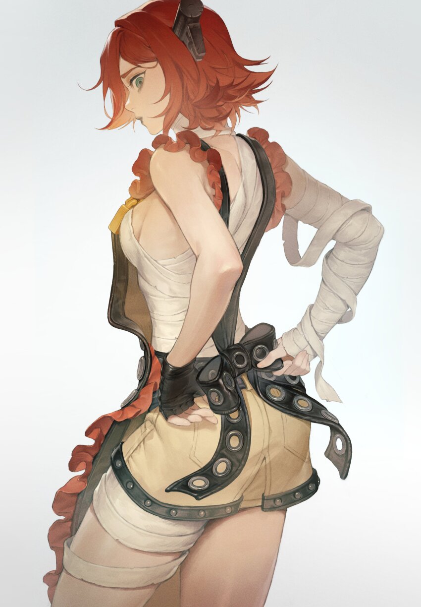 1girl a.b.a absurdres apron ass back bags_under_eyes bandages chain commentary fingerless_gloves gloves green_eyes guilty_gear guilty_gear_xx hair_over_one_eye highres key key_in_head looking_at_viewer object_through_head red_hair ribbon short_hair solo suribbon symbol-only_commentary white_background