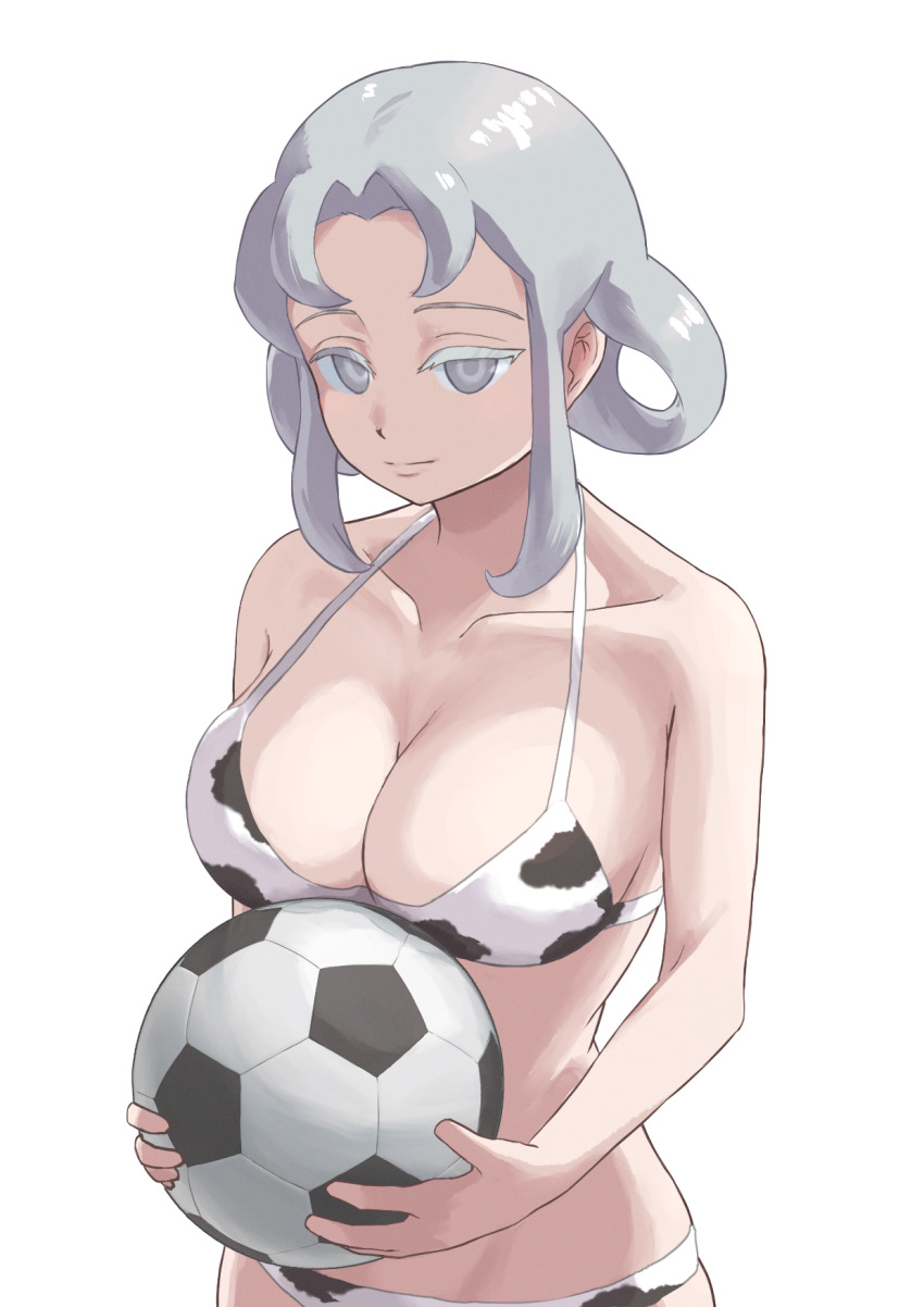 1girl akasode_matsuri_(inazuma_eleven) animal_print ball breasts closed_mouth collarbone cow_print grey_eyes grey_hair holding holding_ball inazuma_eleven_(series) inazuma_eleven_victory_road large_breasts mami-mami medium_hair sidelocks simple_background smile soccer_ball upper_body white_background