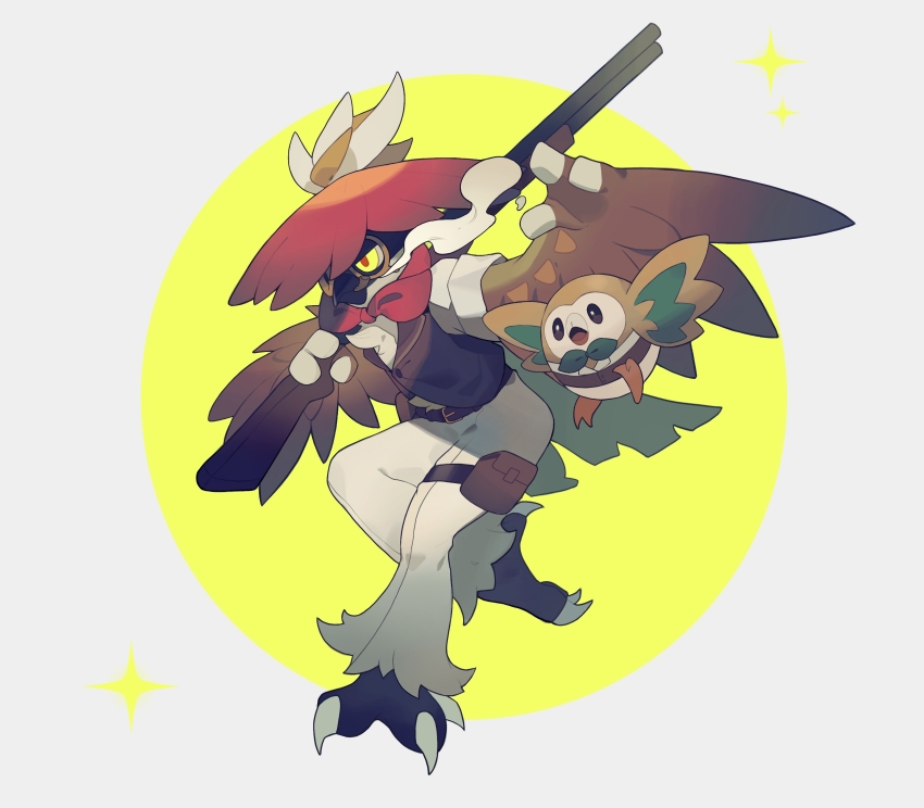 absurdres arm_up bandana bandana_around_neck baojiang_tuzhi belt bent_back black_vest brown_bag brown_belt clothed_pokemon gen_7_pokemon glowing glowing_eyes grey_background gun hand_up highres hisuian_decidueye holding holding_gun holding_weapon knee_up looking_ahead midair neckerchief nintendo no_humans outside_border over_shoulder pokemon pokemon_(creature) pokemon_focus pouch red_bandana red_neckerchief red_pupils rifle round_image rowlet short_sleeves side-by-side smoke smoke_trail smoking standing standing_on_one_leg thigh_pouch vest weapon weapon_over_shoulder white_sleeves yellow_background yellow_eyes