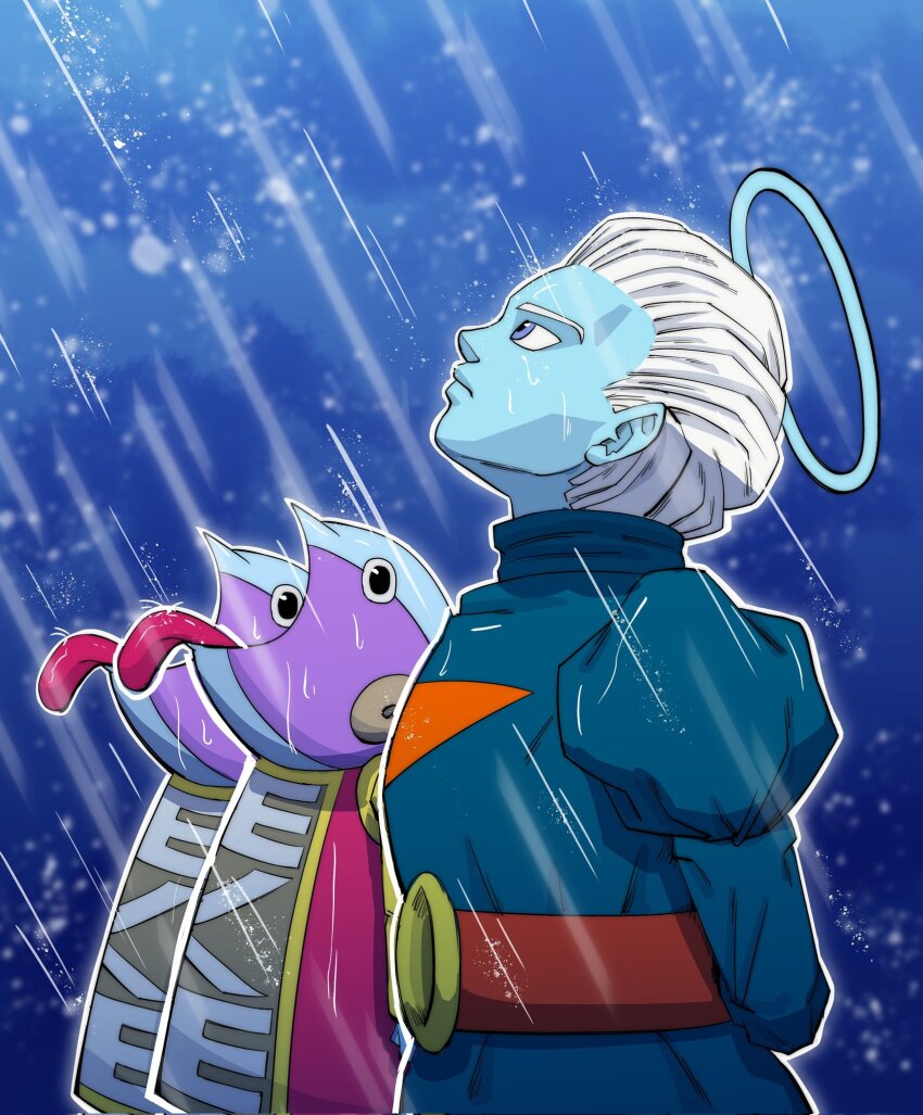 3boys angel belt black_eyes blue_background blue_hair blue_halo blue_shirt blue_skin closed_mouth colored_skin commentary daishinkan dragon_ball dragon_ball_super english_commentary goku_and_vegeta_in_the_rain_(meme) gradient_background halo highres juliet_sleeves long_sleeves looking_up male_focus meme multiple_boys nose open_mouth outdoors outline puffy_sleeves purple_skin rain red_belt shirt short_hair tongue tongue_out turtleneck turtleneck_shirt wet white_hair white_outline zeno_(dragon_ball) zerooart