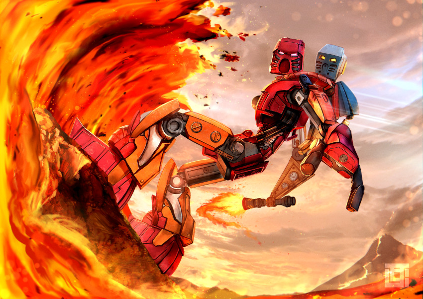 absurdres bionicle cloud cloudy_sky fire flaming_sword flaming_weapon highres holding holding_sword holding_weapon humanoid_robot kanohi_(bionicle) kozsen_810290 lava mask pink_eyes robot rock sky solo_focus sunlight surfing sword tahu_(bionicle) takua_(bionicle) the_lego_group volcano waves weapon yellow_eyes