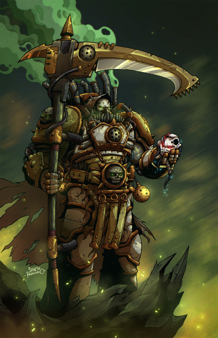 1boy adeptus_astartes armor armored_boots artist_name black_sky boots breastplate cable censer chain cloak colored_smoke death_guard electricity full_armor full_body gauntlets greaves green_armor green_eyes helmet highres holding holding_detached_head holding_scythe male_focus mask mortarion on_rock pale_skin pauldrons pelvic_curtain power_armor primarch pteruges red_cloak respirator scythe severed_head shinsirhcart shoulder_armor silence_(weapon) skull_ornament sky smoke sparkle spiked_hood torn_cloak torn_clothes tube vambraces warhammer_40k white_armor white_helmet white_scars