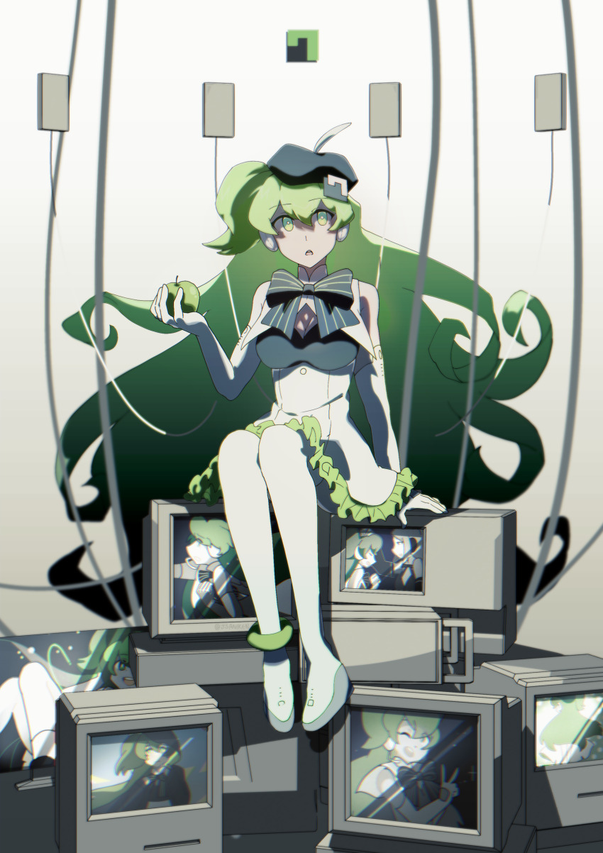 1girl absurdres apple apple_inc. bare_shoulders beret bow breasts bright_pupils cleavage cleavage_cutout clothing_cutout detached_sleeves dress food frilled_dress frills fruit gradient_background green_eyes green_hair hair_ornament hat headphones highres holding holding_food holding_fruit jsaniken large_breasts long_hair looking_to_the_side macintosh macne_nana macne_series monitor open_mouth product_girl screen sitting solo striped_bow very_long_hair white_dress white_footwear white_pupils white_sleeves