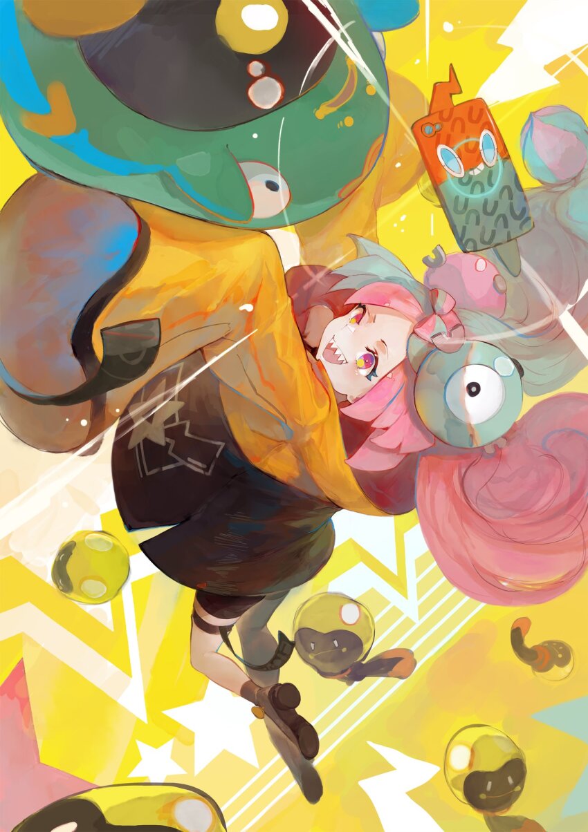 1girl bellibolt gen_4_pokemon haguremay highres iono_(pokemon) multicolored_hair nintendo pokemon pokemon_(creature) pokemon_sv rotom rotom_phone tadbulb two-tone_hair