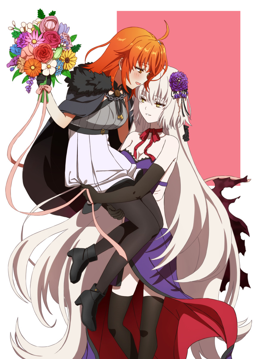 2girls absurdres ahoge bare_shoulders black_cape blush bouquet breasts cape carrying carrying_person cleavage dress fate/grand_order fate_(series) flower fujimaru_ritsuka_(female) grey_hair hair_flower hair_ornament highres jeanne_d&#039;arc_alter_(avenger)_(fate) jeanne_d&#039;arc_alter_(fate) jeanne_d&#039;arc_alter_(violette_vengeur)_(fate) large_breasts long_hair multiple_girls oiun one_side_up open_mouth orange_eyes orange_hair purple_dress short_hair skirt smile thighhighs very_long_hair white_skirt yellow_eyes yuri