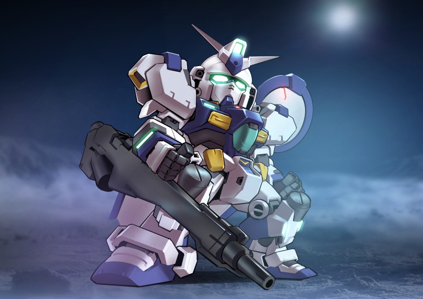 absurdres awacs beam_rifle chibi chinese_commentary clenched_hand commentary_request energy_gun glowing glowing_eyes green_eyes gun gundam gundam_0083 gundam_gp-00_blossom gundam_msv highres holding holding_gun holding_weapon legs_apart making-of_available mecha mecha_focus mobile_suit no_humans radar_dish robot science_fiction sd_gundam solo space standing v-fin weapon zakuma