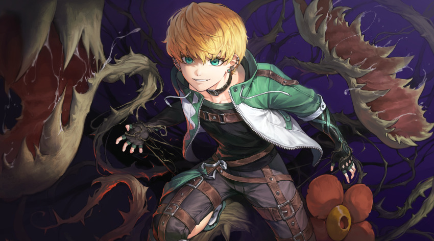 1boy absurdres black_choker black_gloves black_shirt blonde_hair brown_garter_straps check_copyright choker collarbone commentary_request copyright_request cowboy_shot cyphers earclip earrings elbow_gloves fingerless_gloves gloves green_eyes green_jacket grey_pants hair_between_eyes highres jacket jewelry korean_commentary looking_to_the_side male_focus monster multiple_thigh_straps open_clothes open_jacket pants parted_lips plant purple_background shirt short_hair smile solo teeth ven0305 zipper