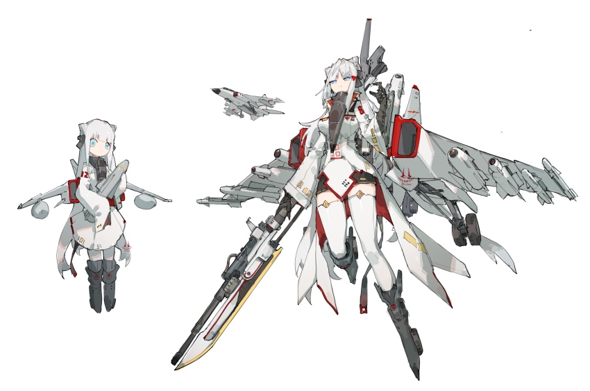 absurdres animal_ears black_gloves blue_eyes breasts deformed frider glaive_(polearm) gloves highres holding holding_missile holding_polearm holding_weapon jh-7a landing_gear large_breasts leopard_ears mecha_musume missile original people&#039;s_liberation_army people&#039;s_liberation_army_air_force personification polearm tachi-e thighhighs vehicle_and_personification war_thunder weapon white_hair white_thighhighs