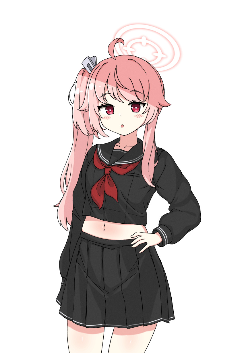 1girl absurdres ahoge black_serafuku blue_archive blush collarbone cowboy_shot hair_flaps hair_ornament hairclip halo hand_on_own_hip highres hrna long_hair long_sleeves looking_at_viewer messy_hair midriff miniskirt natsu_(blue_archive) navel neckerchief open_mouth pink_hair pleated_skirt red_eyes red_neckerchief school_uniform serafuku side_ponytail simple_background skirt solo swept_bangs white_background