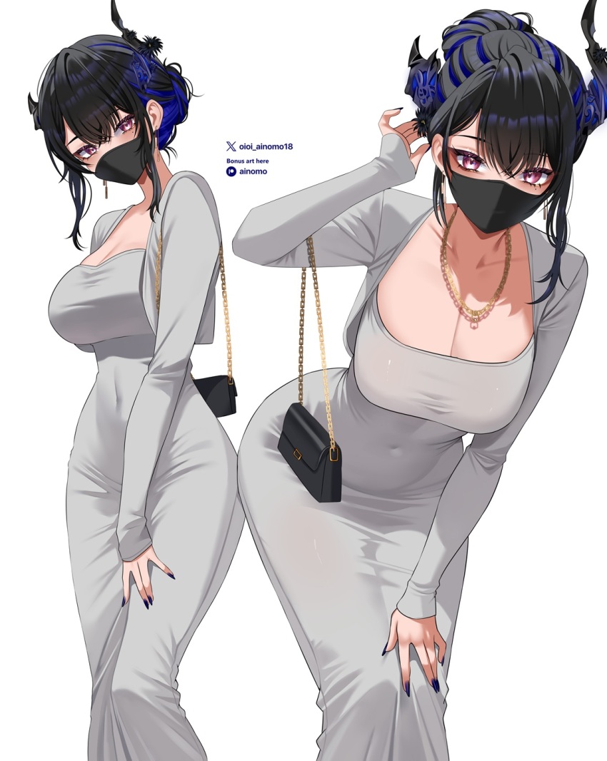 1girl black_hair black_horns black_mask blue_hair breasts cleavage covered_navel dongtan_dress dress fingernails grey_dress highres hololive hololive_english horns jewelry large_breasts long_sleeves looking_at_viewer mask mouth_mask multicolored_hair multiple_views nail_polish necklace nerissa_ravencroft oioi_ainomo pink_eyes purple_nails short_hair sidelocks standing two-tone_hair virtual_youtuber wallet