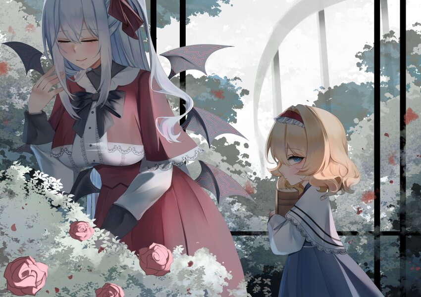 2girls absurdres aged_down alice_margatroid blonde_hair blouse blue_dress bush capelet closed_eyes demon_wings dress flower garden grey_hair hairband highres long_hair long_skirt medium_hair multiple_girls no_noru red_capelet red_flower red_skirt shinki_(touhou) shirt skirt touhou touhou_(pc-98) upper_body white_capelet white_shirt wings