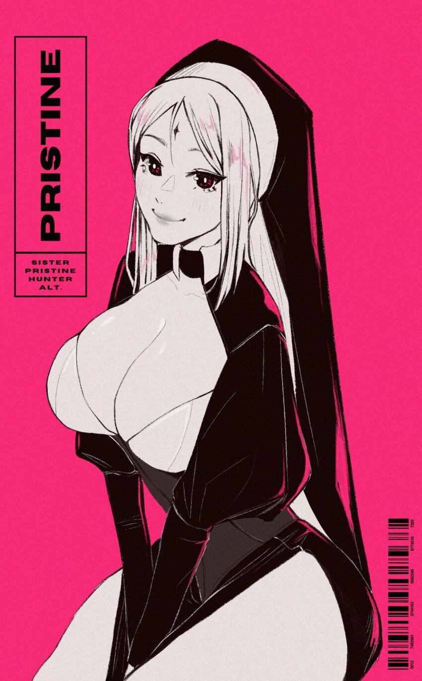 1girl arms_between_legs barcode between_legs breasts character_name cleavage closed_mouth clothing_cutout dress facial_mark forehead_mark greyscale_with_colored_background hand_between_legs highres juliet_sleeves large_breasts lips long_hair long_sleeves looking_at_viewer monochrome nun original parted_bangs pink_background puffy_long_sleeves puffy_sleeves side_slit simple_background sitting smile solo thighs v_arms zyllypepper