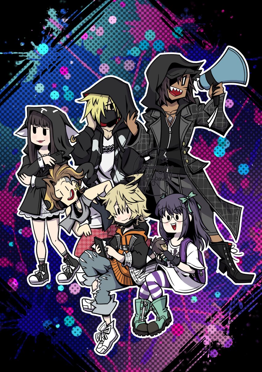 2girls 4boys absurdres ahoge animal_ears animal_hood bito_daisukenojo black_coat black_gloves black_hoodie black_mask blonde_hair boots brown_hair cat_ears cat_hood cat_tail cellphone chain chain_necklace coat dark-skinned_male dark_skin ear_piercing earrings eyebrows_hidden_by_hair face_mask facial_mark fake_animal_ears fake_tail fangs fingerless_gloves furesawa_tousai glasses gloves green_footwear hair_over_one_eye highres holding holding_megaphone holding_phone hood hoodie jewelry kanade_rindou long_coat mask megaphone minamimoto_sho mouth_mask multicolored_hair multiple_boys multiple_girls necklace orange_hoodie pants pearl_necklace phone piercing plaid_clothes plaid_pants red_pants round_eyewear sakurane_shouka shin_subarashiki_kono_sekai shirt smartphone streaked_hair subarashiki_kono_sekai sweatpants tail torn_clothes torn_pants undercut usui_nagi whisker_markings white_shirt zipper_pull_tab