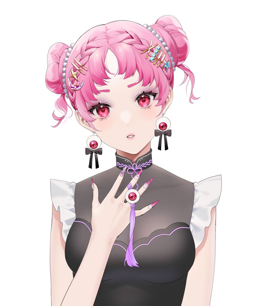 1girl absurdres bare_arms black_shirt braid braided_bangs breasts crescent crescent_hair_ornament double_bun earrings eyeball_earrings eyeshadow fingernails hair_bun hair_ornament hairclip hand_on_own_chest head_tilt highres jewelry kelezi long_fingernails looking_at_viewer makeup medium_breasts original parted_lips pink_nails purple_eyeshadow red_eyes shirt short_eyebrows short_hair sleeveless sleeveless_shirt solo star_(symbol) star_hair_ornament upper_body white_background x_hair_ornament