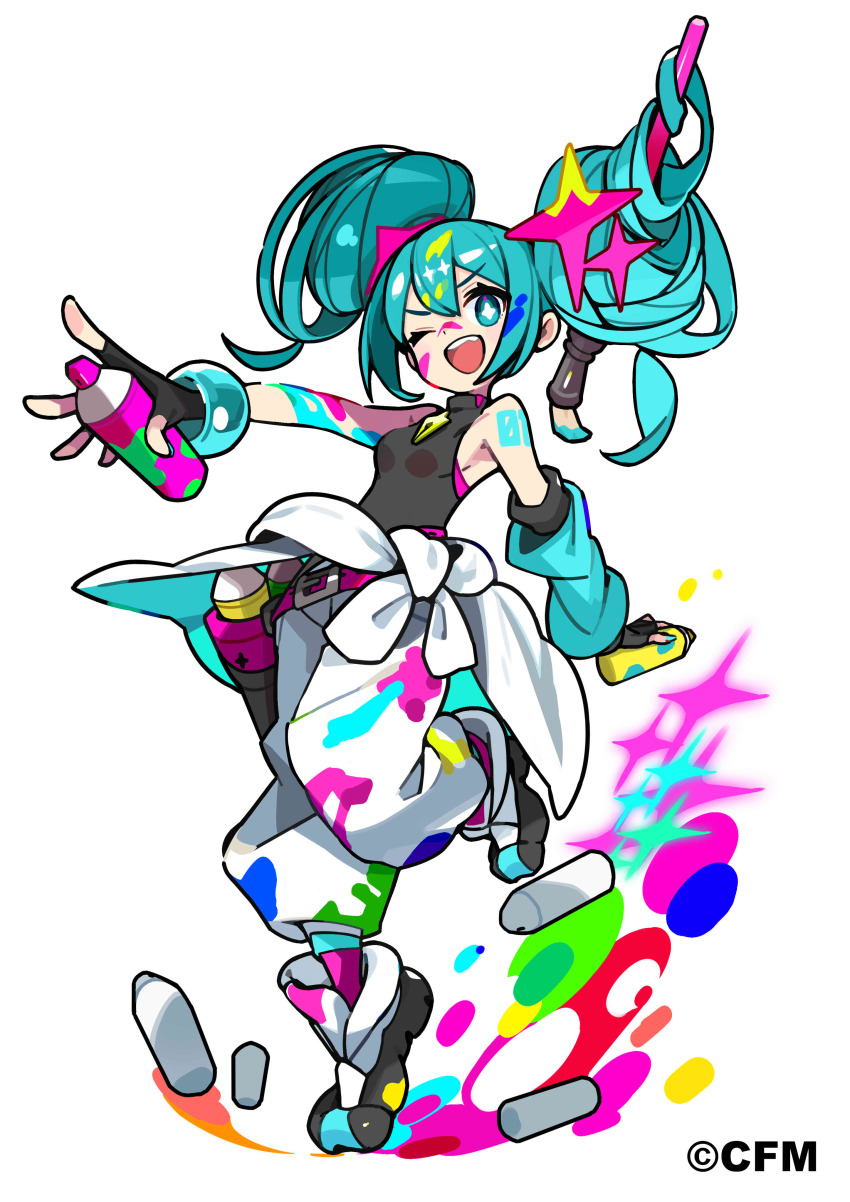 1girl absurdres aqua_eyes aqua_hair baggy_pants belt black_gloves black_shirt black_shoes detached_sleeves fingerless_gloves full_body gloves hair_ornament hatsune_miku highres holding holding_spray_can kurumitsu long_hair number_tattoo official_art one_eye_closed open_mouth paint paint_on_body paint_on_clothes paintbrush paintbrush_hair_ornament pants shirt shoes simple_background sleeveless smile solo sparkling_eyes spray_paint tattoo vocaloid white_background white_pants