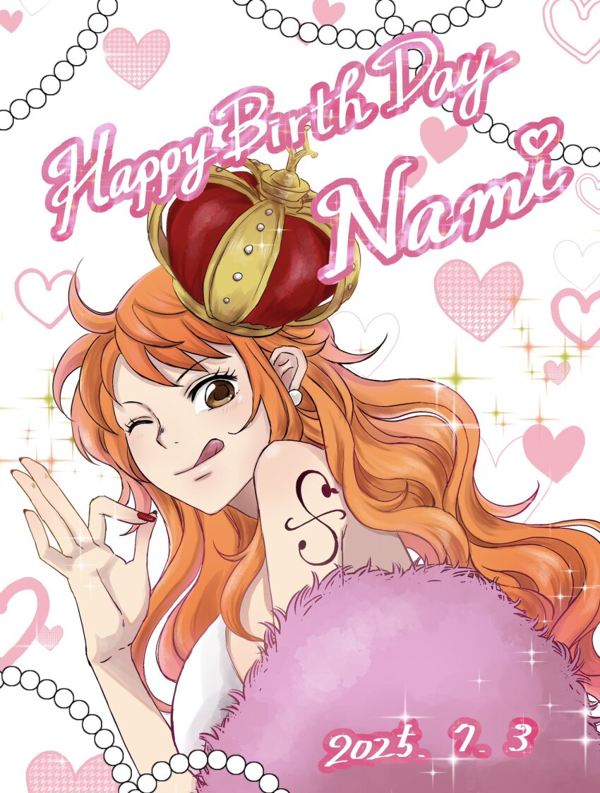1girl ;q bare_shoulders beads birthday breasts brown_eyes character_name closed_mouth crown dated earrings from_side fur_trim happy_birthday heart heart_background highres jewelry large_breasts long_hair looking_at_viewer looking_to_the_side nagi3273 nail_polish nami_(one_piece) ok_sign one_eye_closed one_piece orange_hair pearl_earrings red_nails shoulder_tattoo solo sparkle tattoo tongue tongue_out upper_body wavy_hair