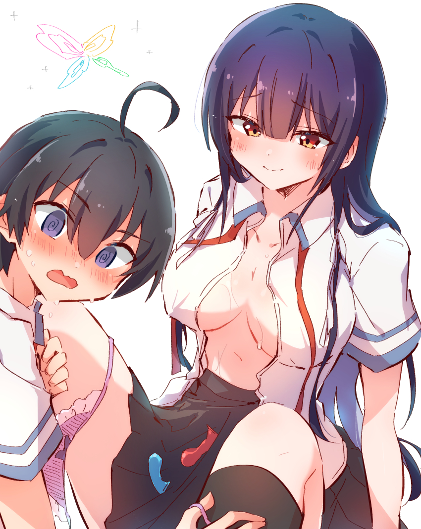 1boy 1girl @_@ absurdres ahoge black_hair black_skirt black_socks blush breasts closed_mouth collared_shirt commentary_request haite_kudasai_takamine-san hetero highres large_breasts long_hair neck_ribbon no_bra nyaa_(nnekoron) open_clothes open_mouth open_shirt orange_hair panties panties_around_leg pink_panties purple_eyes purple_hair red_ribbon ribbon school_uniform shirt short_hair skirt socks takamine_takane underwear undone_neck_ribbon white_background white_shirt