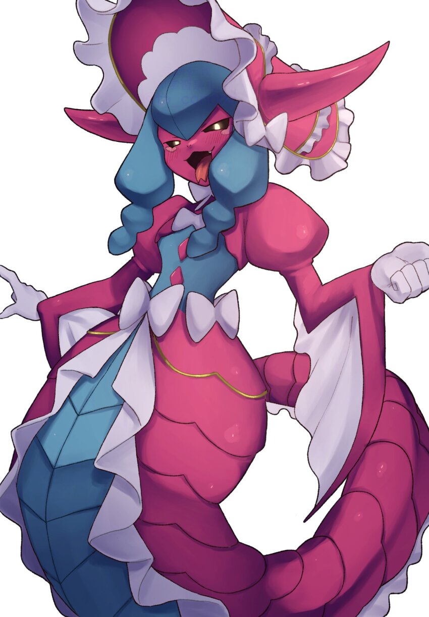 1girl black_sclera blue_hair blue_scales blush bonnet bow bowtie braid colored_sclera digimon digimon_(creature) digimon_liberator female_focus forked_tongue frills hat highres horns lamia lamiamon looking_at_viewer monster_girl open_mouth pink_hat pink_scales solo takeda_conomi tongue tongue_out white_background wide_hips winged_arms wings yellow_eyes
