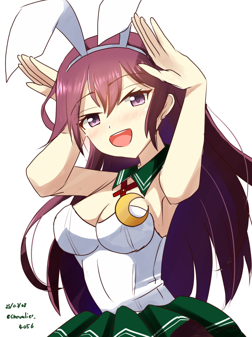 1girl adapted_costume animal_ears bare_shoulders blush breasts brown_hair cleavage crescent detached_collar green_skirt hair_ornament highres kantai_collection kisaragi_(kancolle) leotard long_hair looking_at_viewer medium_breasts open_mouth playboy_bunny purple_eyes rabbit_ears sawatani_(chevalier_04056) skirt smile solo strapless strapless_leotard white_background white_leotard wrist_cuffs