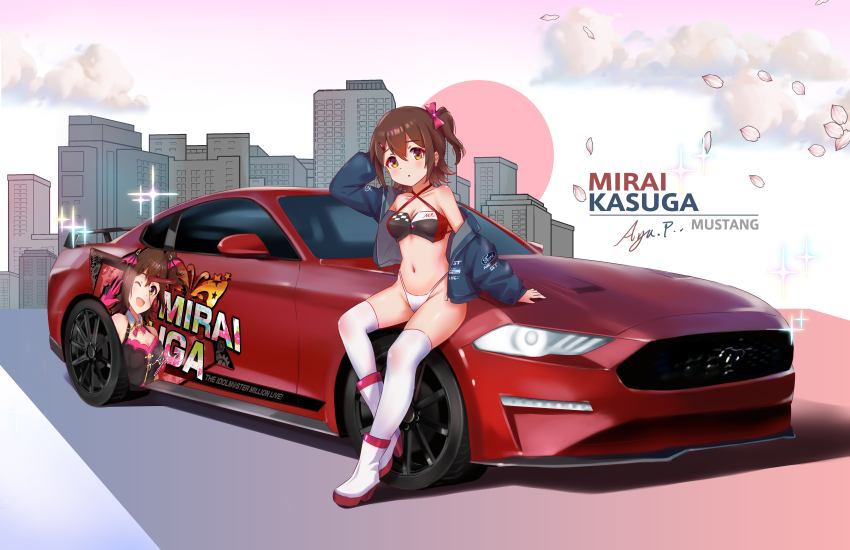 1girl absurdres arm_behind_head bikini blush boots bow breasts brown_eyes brown_hair car cleavage collarbone criss-cross_halter falling_petals ford ford_mustang ford_mustang_s550 hair_bow hair_ornament hairclip halterneck highleg highleg_bikini highres idolmaster idolmaster_million_live! itasha jacket jacket_partially_removed kasuga_mirai koaya leaning_against_vehicle looking_at_viewer motor_vehicle navel one_side_up open_clothes open_jacket parted_lips petals pink_bow race_queen red_car short_hair signature skyline solo sparkle swimsuit thighhighs white_bikini white_boots white_thighhighs