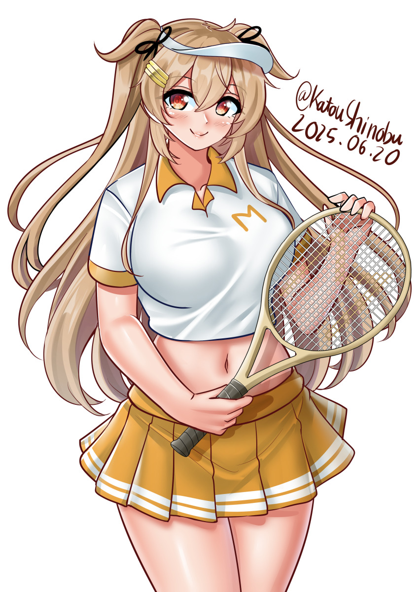 1girl absurdres black_ribbon breasts brown_eyes brown_hair cosplay dated hair_between_eyes hair_flaps hair_ornament hair_ribbon hairclip highres holding holding_racket kantai_collection katou_shinobu large_breasts long_hair looking_at_viewer midriff miniskirt minneapolis_(kancolle) minneapolis_(kancolle)_(cosplay) minneapolis_(tennis)_(kancolle) murasame_(kancolle) murasame_kai_ni_(kancolle) navel pleated_skirt racket ribbon short_sleeves skirt smile sportswear tennis_racket tennis_uniform two_side_up very_long_hair visor_cap white_background