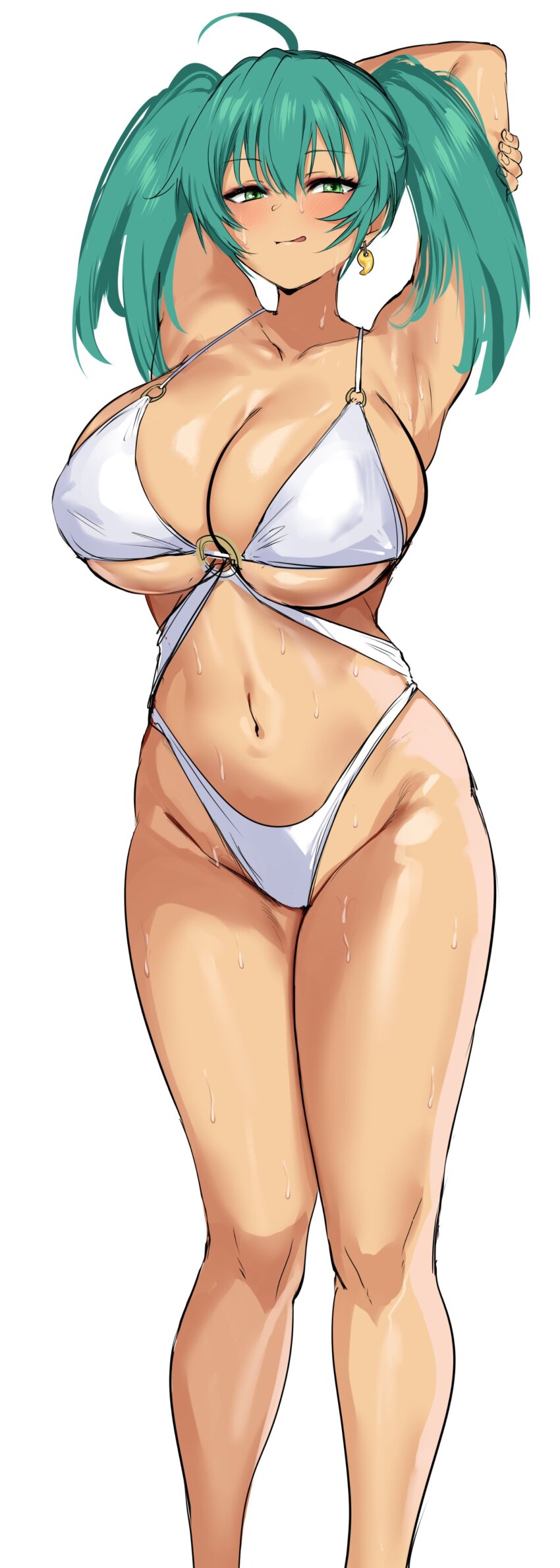 1girl :q absurdres agetama armpits arms_up breasts cleavage closed_mouth commentary_request earrings feet_out_of_frame green_eyes highres ikkitousen jewelry large_breasts long_hair looking_at_viewer navel ryofu_housen simple_background smile solo standing stomach thighs tongue tongue_out twintails underboob white_background