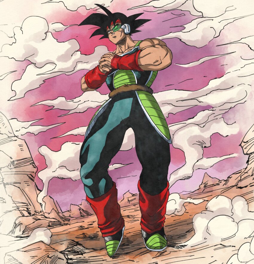 1boy armor bardock black_eyes black_hair cross_scar dragon_ball dragonball_z facial_scar headband highres kouji08250 male_focus monkey_boy monkey_tail muscular muscular_male open_mouth saiyan saiyan_armor scar scar_on_cheek scar_on_face scouter short_hair simple_background spiked_hair tail tail_around_own_waist wristband