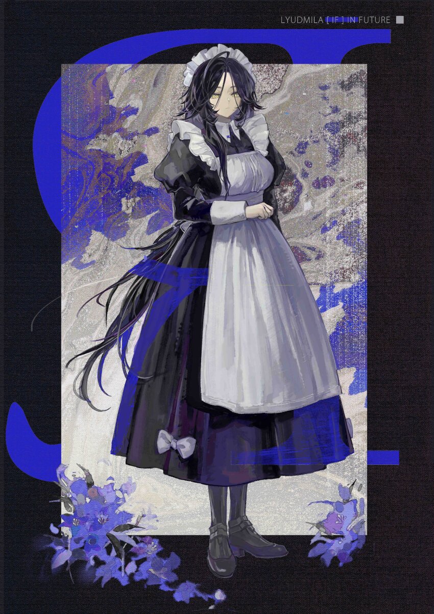 1girl absurdres alternate_costume apron ar-18_(girls&#039;_frontline) black_background black_dress black_hair black_shoes bow commentary cui_pi_zha_xia_qiu dress dress_bow english_commentary english_text enmaided flower full_body girls&#039;_frontline grey_background highres long_hair looking_at_viewer maid maid_headdress purple_background purple_flower shoes solo white_apron white_headdress