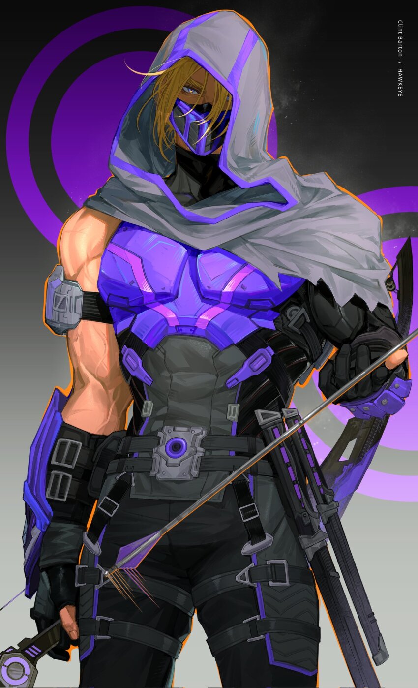 1boy armor arrow_(projectile) belt black_belt black_gloves black_mask black_pants black_shirt blonde_hair blue_eyes bow_(weapon) character_name clint_barton covered_mouth cowboy_shot fingerless_gloves fingernails gloves gradient_background grey_background grey_scarf hair_over_one_eye hand_up hawkeye_(marvel) hdhaiajhc highres holding holding_arrow holding_bow_(weapon) holding_weapon long_sleeves looking_at_viewer male_focus marvel marvel_rivals mask mouth_mask muscular muscular_male pants purple_armor scarf shirt short_hair single_bare_shoulder single_sleeve solo standing superhero_costume weapon
