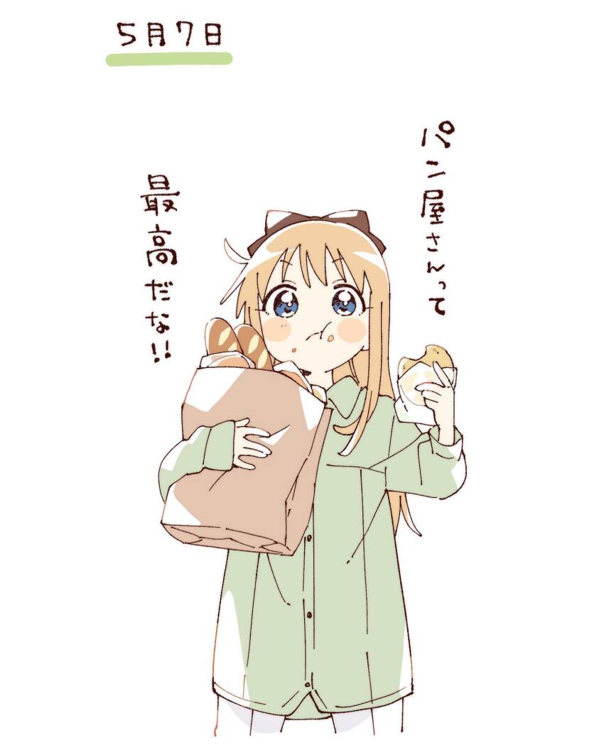 1girl :t bag blonde_hair blue_eyes blush_stickers bow bread brown_bow buttons closed_mouth collared_shirt commentary_request cropped_legs crumbs eating food green_shirt hair_bow highres holding holding_bag holding_food long_hair long_sleeves looking_at_viewer namori paper_bag shirt shorts simple_background solo toshinou_kyouko translation_request white_background white_shorts yuru_yuri