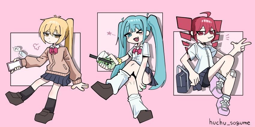 &gt;_o 3girls absurdres ahoge akita_neru alternate_costume aqua_eyes aqua_hair artist_name bag bandaid bandaid_on_leg black_socks blonde_hair blush_stickers bow bowtie brown_cardigan brown_shoes bubble_tea cardigan cellphone closed_mouth collared_shirt crossed_legs cup drill_hair fang full_body gauze_on_knee grey_skirt gyaru hand_up hatsune_miku highres holding holding_cup holding_phone huchu_(huchu_sogume) kasane_teto loafers long_hair long_sleeves looking_at_another looking_at_viewer loose_bowtie loose_socks miniskirt multiple_girls one_eye_closed open_mouth outside_border phone pink_background pink_shoes pleated_skirt ponytail red_bow red_bowtie red_eyes red_hair school_bag school_uniform scrunchie shirt shoes short_sleeves sitting skin_fang skirt smartphone smile socks twin_drills twintails utau vocaloid w white_shirt white_socks wrist_scrunchie yellow_eyes
