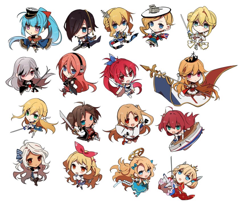 6+girls amazuki_jou arethusa_(azur_lane) ark_royal_(azur_lane) azur_lane banner black_coat black_hair blonde_hair blue_bow blue_eyes blue_hair blue_ribbon bow brooklyn_(azur_lane) chibi cleveland_(azur_lane) coat dark-skinned_female dark_skin dunkerque_(azur_lane) emile_bertin_(azur_lane) forbin_(azur_lane) grey_hair hair_over_one_eye hat high_ponytail highres holding holding_banner holding_sword holding_weapon hood_(azur_lane) jeanne_d&#039;arc_(azur_lane) jenkins_(azur_lane) le_mars_(azur_lane) le_triomphant_(azur_lane) looking_at_viewer multiple_girls parted_lips peaked_cap ponytail ranger_(azur_lane) rapier red_bow red_eyes red_hair renown_(azur_lane) ribbon richelieu_(azur_lane) rigging simple_background smile surcouf_(azur_lane) sword union_jack weapon white_background white_hat wichita_(azur_lane)