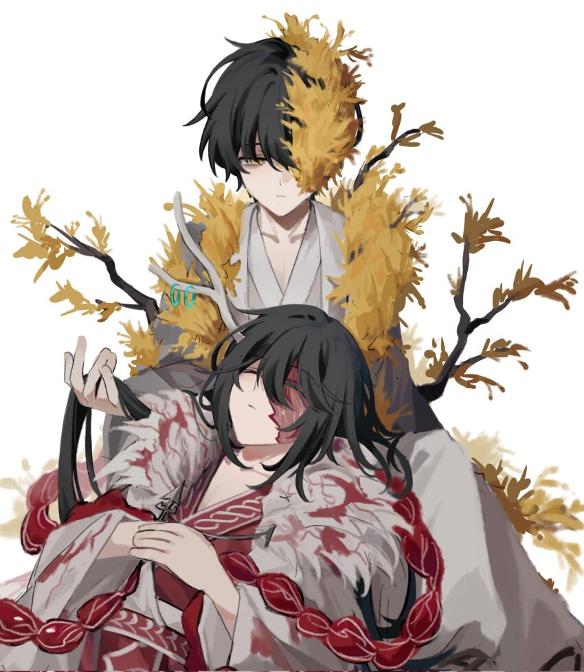 2boys antler_ring antlers black_hair blood blood_on_clothes branch burn_scar closed_eyes double-parted_bangs e.g.o_(project_moon) flower fur_collar grey_robe hair_between_eyes hands_on_own_stomach highres hong_lu_(project_moon) horns knee_up lap_pillow limbus_company looking_at_viewer male_focus multiple_boys one_eye_covered outstretched_hand playing_with_another&#039;s_hair project_moon red_robe robe scar shirt sidelocks spicebush_(e.g.o) tears_of_the_tarnished_blood_(e.g.o) white_background white_shirt wuzinan19 yellow_eyes yellow_flower yi_sang_(project_moon)