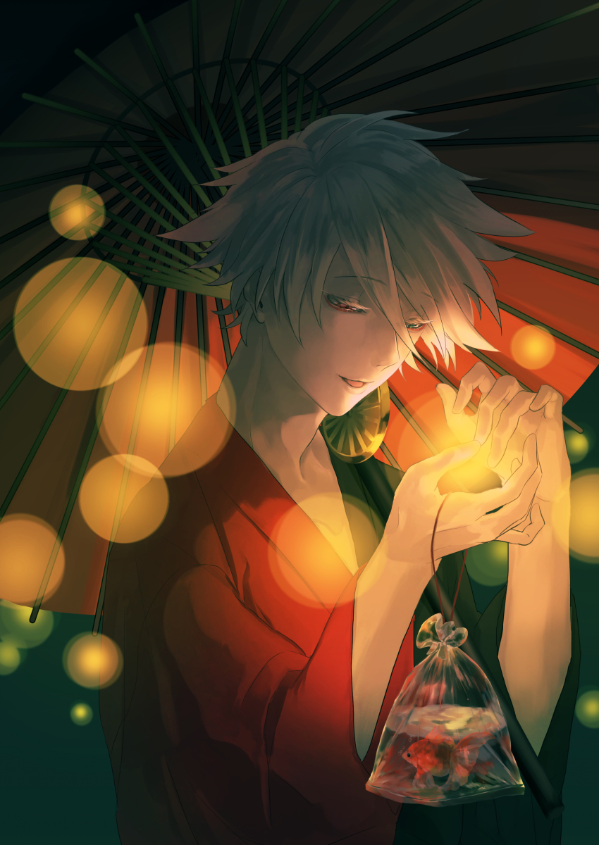1boy absurdres bishounen blue_eyes colored_eyelashes commentary_request cupping_hands earrings fate/grand_order fate_(series) fish goldfish hair_between_eyes heterochromia highres holding holding_umbrella jewelry karna_(fate) male_focus narrowed_eyes night open_mouth own_hands_together pale_skin short_hair sm smile solo summer_festival umbrella upper_body white_hair