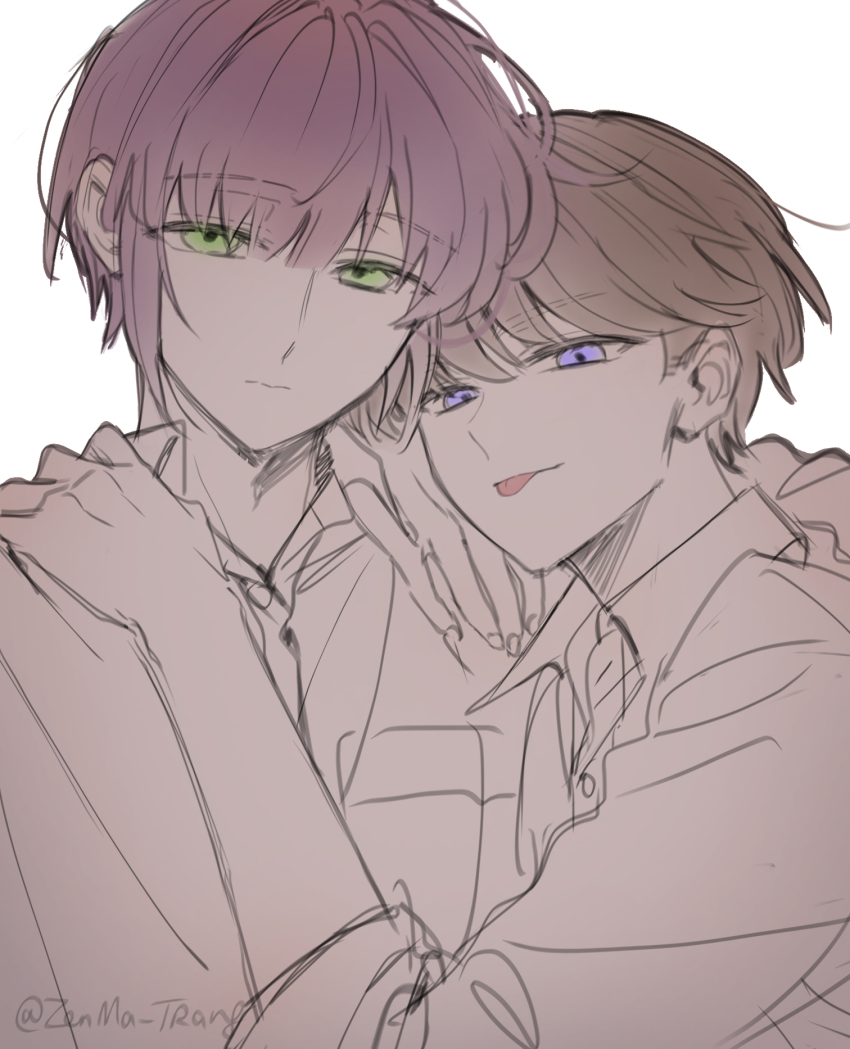 2boys 3: :p breast_pocket brown_hair closed_mouth collared_shirt commentary dress_shirt fujishima_megumi genderswap genderswap_(ftm) half-closed_eyes hands_on_another&#039;s_shoulders highres link!_like!_love_live! looking_at_viewer love_live! male_focus multiple_boys otomune_kozue pocket purple_eyes purple_hair school_uniform shirt short_hair simple_background single_sidelock tongue tongue_out twitter_username upper_body very_short_hair virtual_youtuber white_background white_shirt yaoi zenma_trang